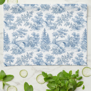 Blaue und weiße Vintage-Toile-Landschaft Geschirrtuch