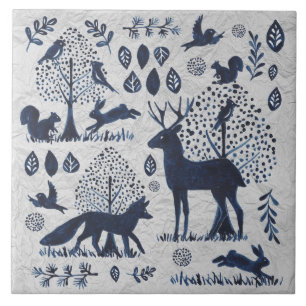 Blaue und weiße Vintage-Waldtiere Fuchs Kaninchen Fliese
