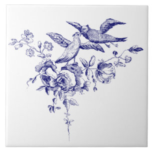 Blaue und weiße Vögel auf Blumen Fliese