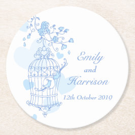 Blaue und weiße Vögel öffnen Käfig Hochzeit Unters Runder Pappuntersetzer