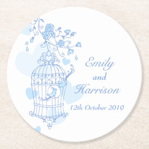Blaue und weiße Vögel öffnen Käfig Hochzeit Unters Runder Pappuntersetzer