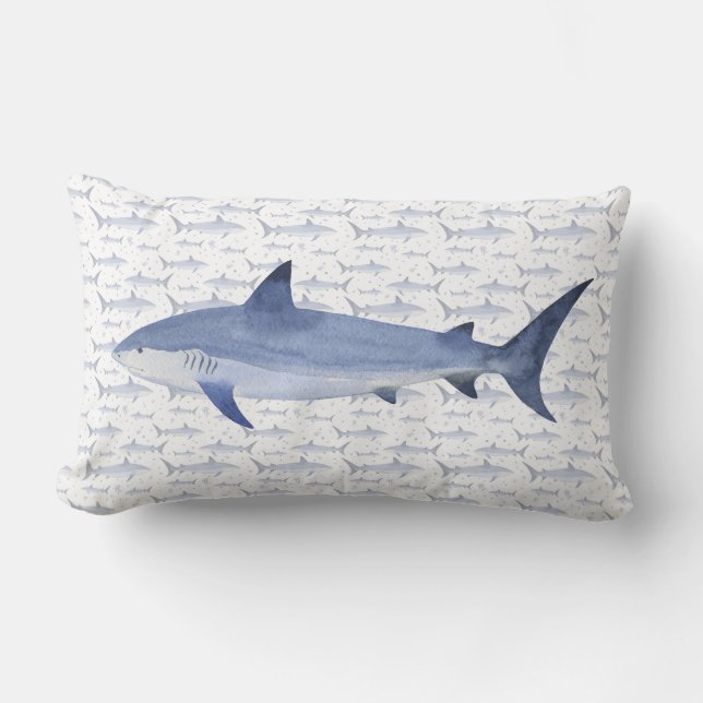 Blaue und weiße Wasserfarbe Nautic #Shark Pattern Lendenkissen (Vorderseite)