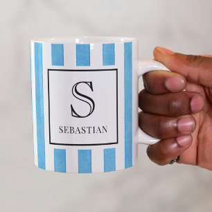 Blaue und weiße Wasserfarben-Streifenmuster-Monogr Kaffeetasse