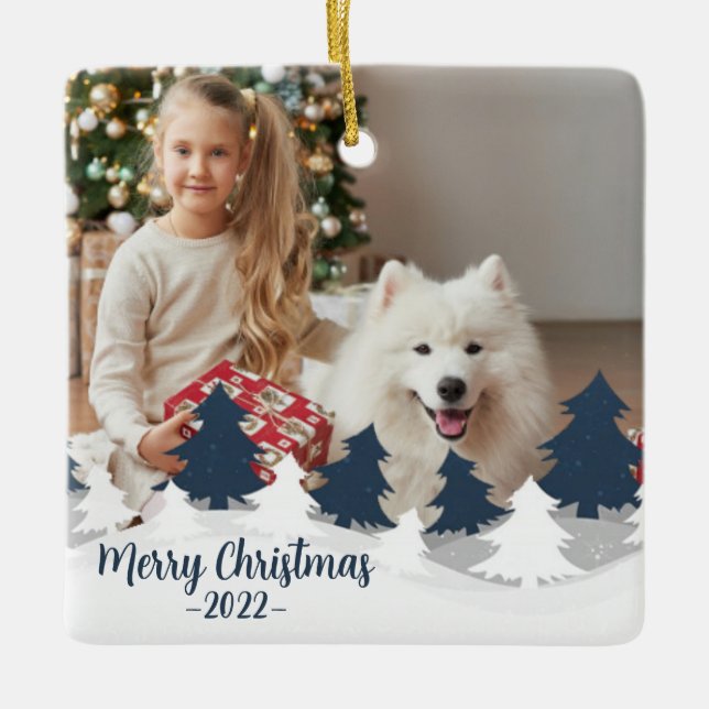 Blaue und weiße Weihnachtsbaumen in zwei Fotos Keramikornament (Vorderseite)