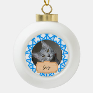 Blaue und weiße Weihnachtsfeier Custom cat Foto Keramik Kugel-Ornament