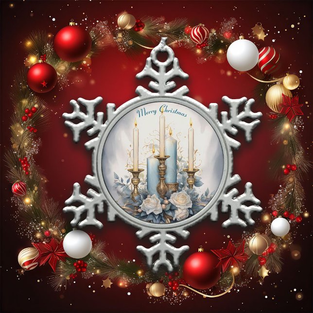 Blaue und weiße Weihnachtskerze Schneeflocken Zinn-Ornament (Von Creator hochgeladen)
