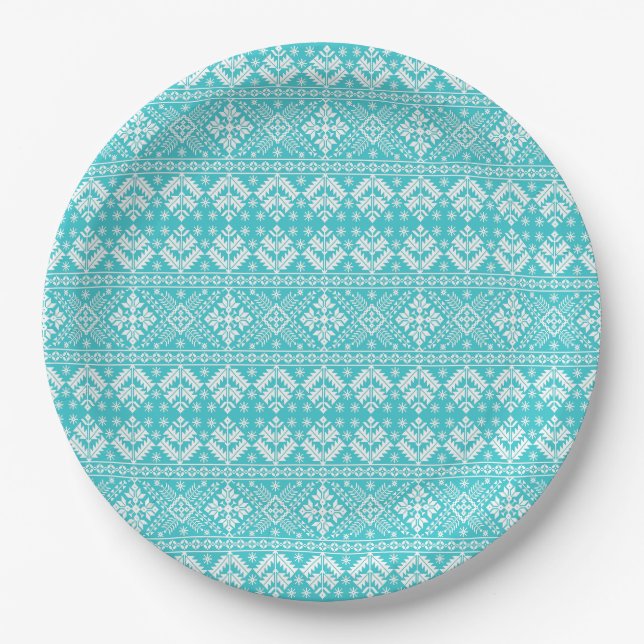Blaue und weiße Weihnachtsmesse Isle Pattern Pappteller (Vorderseite)