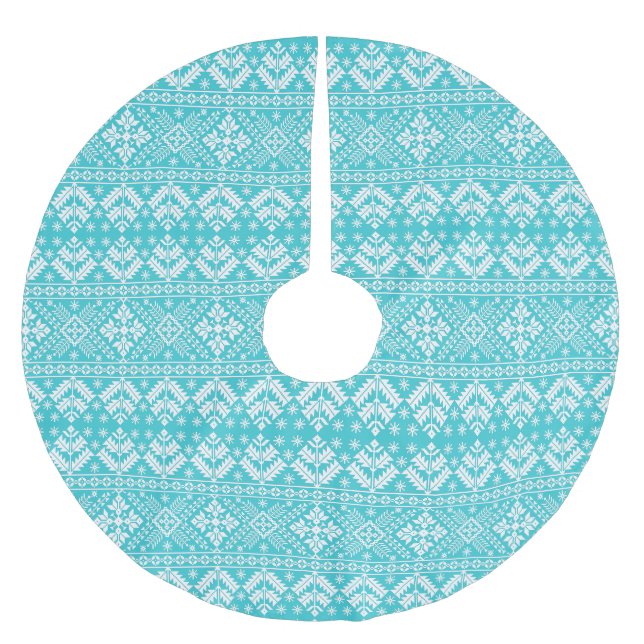 Blaue und weiße Weihnachtsmesse Isle Pattern Polyester Weihnachtsbaumdecke (Vorderseite)