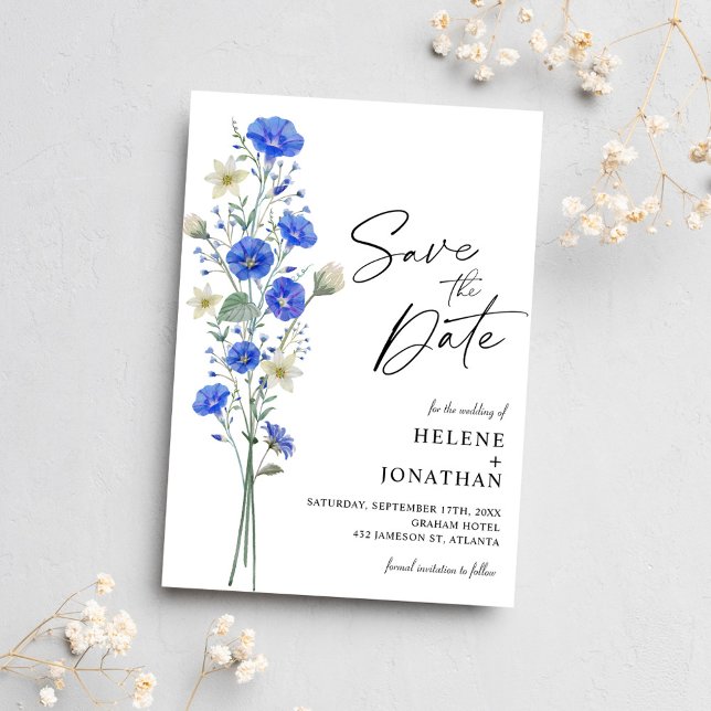 Blaue und weiße Wildblume Elegante Hochzeit Save The Date (Blue And White Wildflower Elegant Wedding Save The Date)