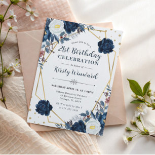 Blaue und Weiße Winterblumen Rahmen Geburtstag Einladung