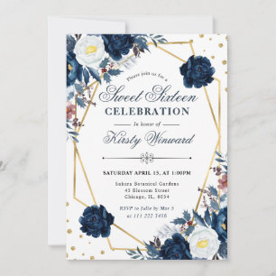 Blaue und weiße Winterblumen und Rahmen Sweet 16 Einladung