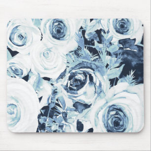 Blaue und weiße winterliche Blumenrosen Vintage Mousepad