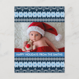 Blaue und weiße winterliche weihnachtliche Fotokar Feiertagspostkarte