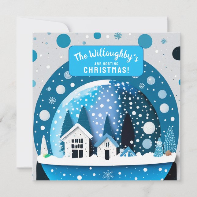 Blaue und weiße Winterwunderlandhäuser - Schneeglo Save The Date (Vorderseite)