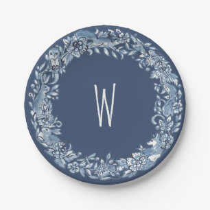 Blaue und weiße Woodland-Tierkreide-Delft-Monogram Pappteller