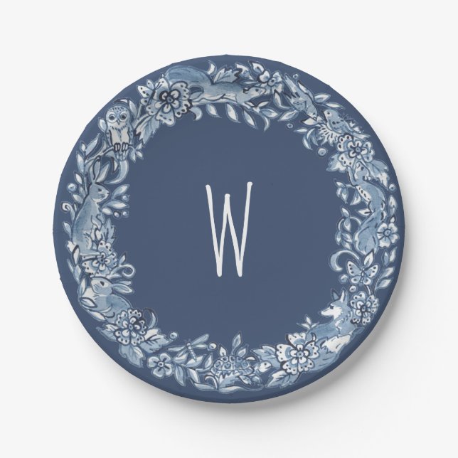 Blaue und weiße Woodland-Tierkreide-Delft-Monogram Pappteller (Vorderseite)