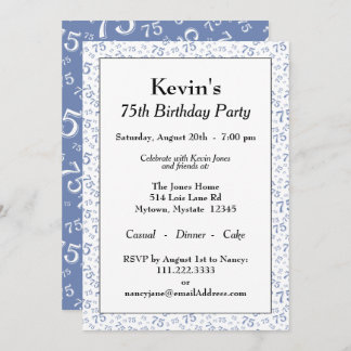 Blaue und weiße Zahlenmuster der 75. Geburtstagspa Einladung