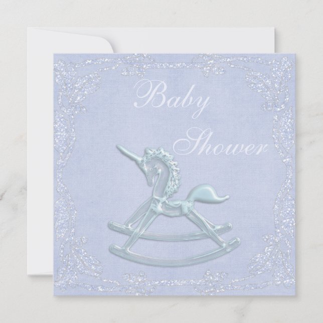 Blaue Unicorn-SchwingpferdeGlitzer-Baby-Dusche Einladung (Vorderseite)