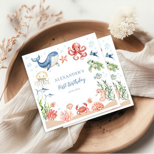 Blaue Unterwasser-Ozean-Tiere Geburtstagsserviette Serviette