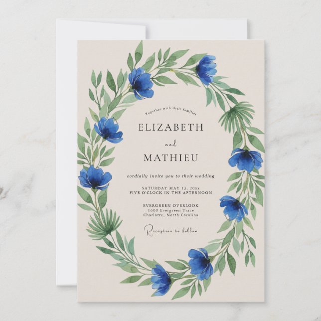 Blaue Üppige Hochzeit Einladung (Vorderseite)