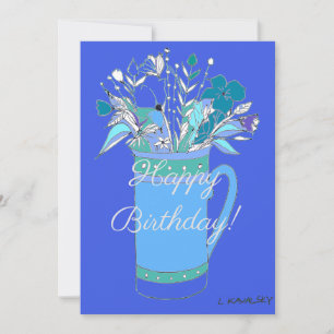 Blaue V2-farbige Happy Geburtstags-Blume in Tasse Feiertagskarte
