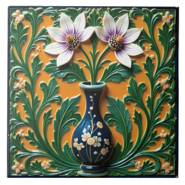 Blaue Vase in Blüte Fliese (Vorderseite)