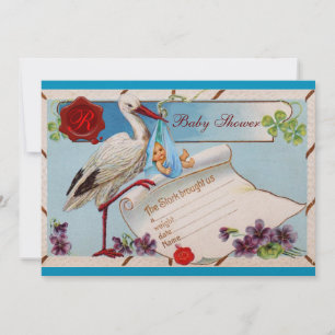 BLAUE VERGESSEN MICH NOCH, STORK BABY DUSCHMONOGRA EINLADUNG