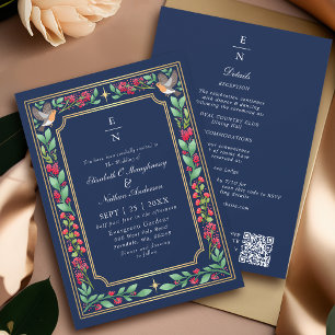 Blaue verzaubernde botanische Blumenhochzeit QR-Co Einladung