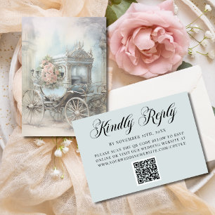 Blaue Verzauberte Kutsche Märchenhochzeit QR Code RSVP Karte