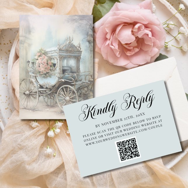 Blaue Verzauberte Kutsche Märchenhochzeit QR Code RSVP Karte (Von Creator hochgeladen)