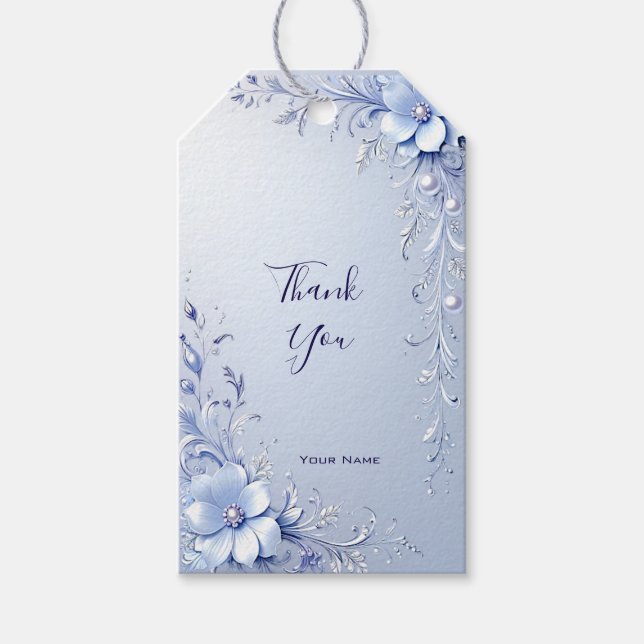 Blaue verzierte Blumen mit Perlen Geschenkanhänger (Vorderseite)