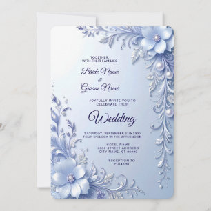 Blaue Verzierte Blumen Mit Perlen Hochzeit Einladung