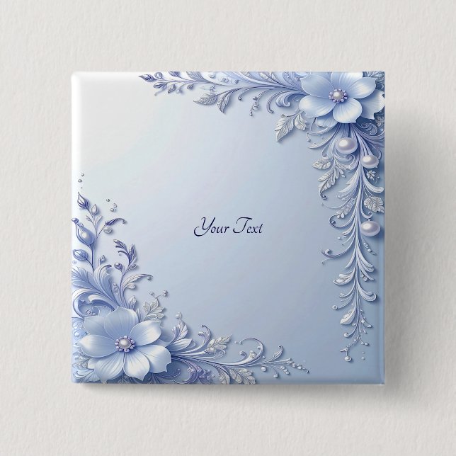 Blaue Verzierte Blumen mit Perlen Knopf Button (Vorderseite)