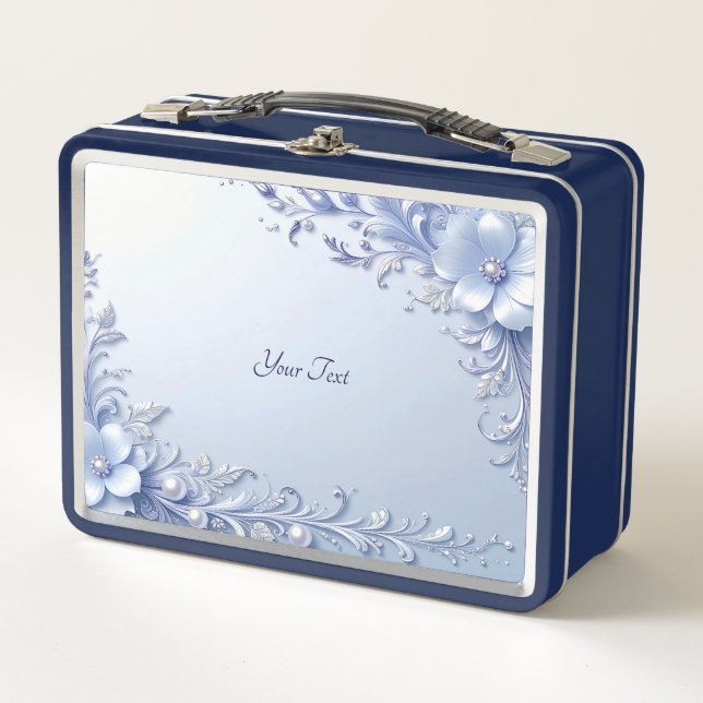 Blaue verzierte Blumen mit Perlen Lunchbox (Vorderseite)