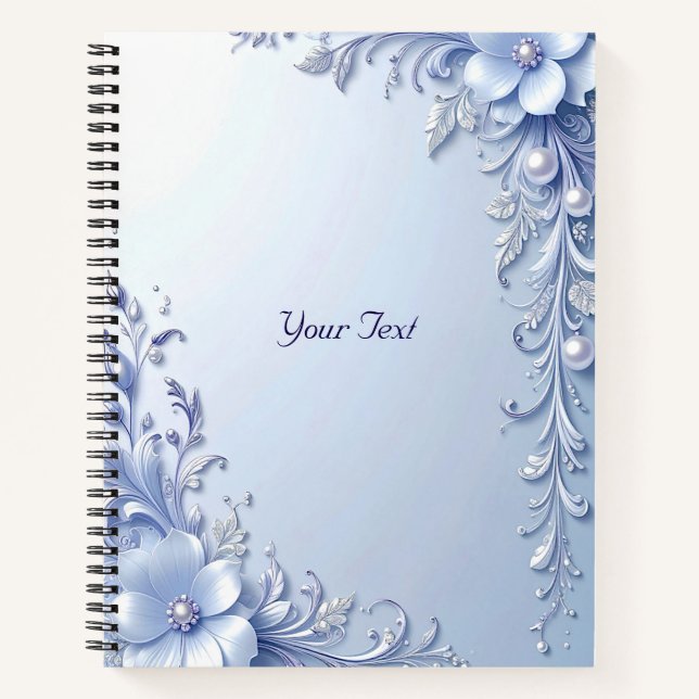 Blaue verzierte Blumen mit Perlen Notizbuch (Vorderseite)
