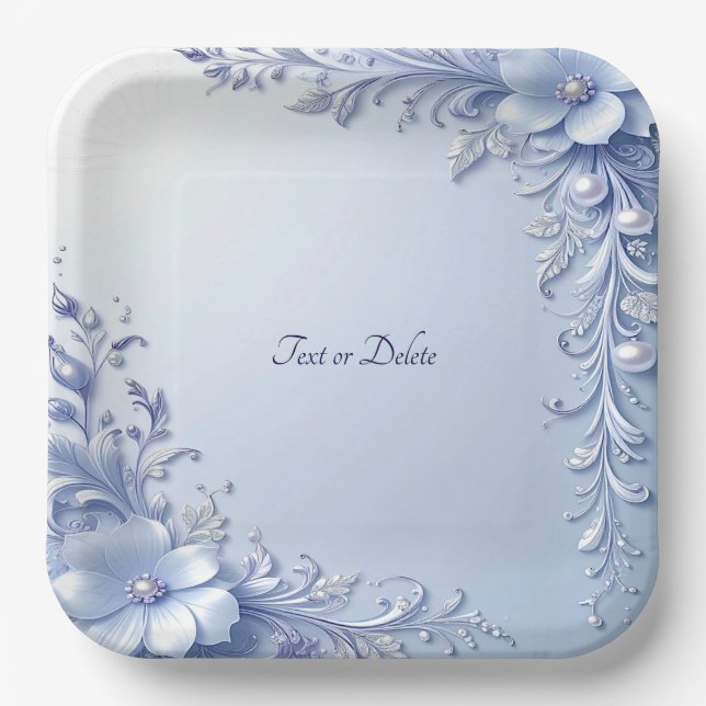 Blaue verzierte Blumen mit Perlen-Papierteller Pappteller (Vorderseite)