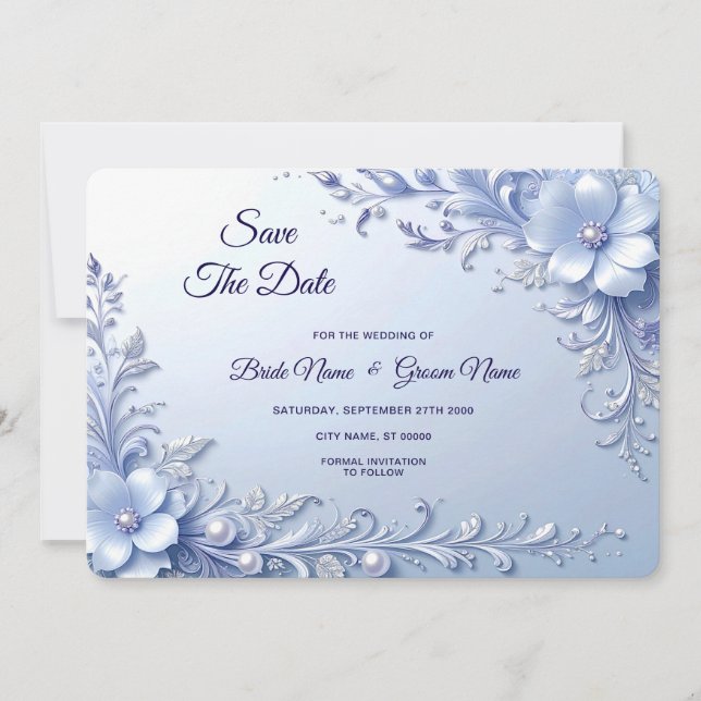 Blaue Verzierte Blumen mit Perlen Save The Date (Vorderseite)