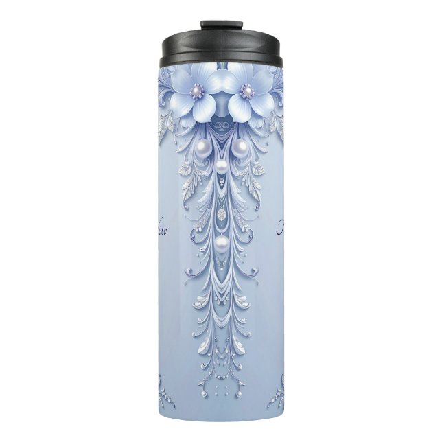 Blaue verzierte Blumen mit Perlen Thermosbecher (Vorderseite)