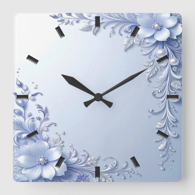 Blaue Verzierte Blumen mit Perlen Wanduhr (Vorderseite)