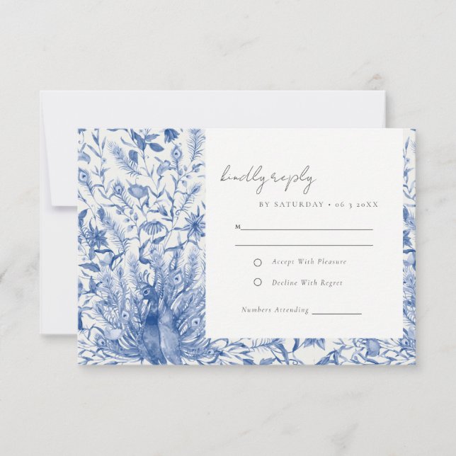 Blaue Verzierte Wasserfarbenblütenhochzeit RSVP Karte (Vorderseite)