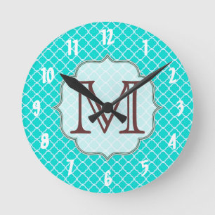 Blaue Viertelblatt-Gitter-Monogramm-Anfangswanduhr Runde Wanduhr