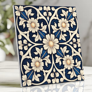Blaue Viktorianische Saphir- und Elfenbein-Daisy Fliese