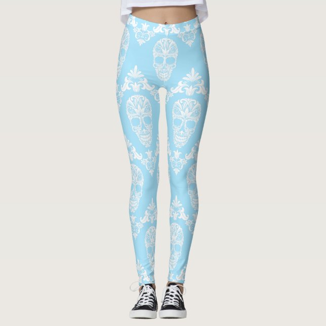 Blaue viktorianische Schädel Leggings (Vorderseite)