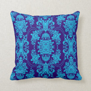 Blaue Vintage-Barock-Blumenmuster auf Blau Kissen