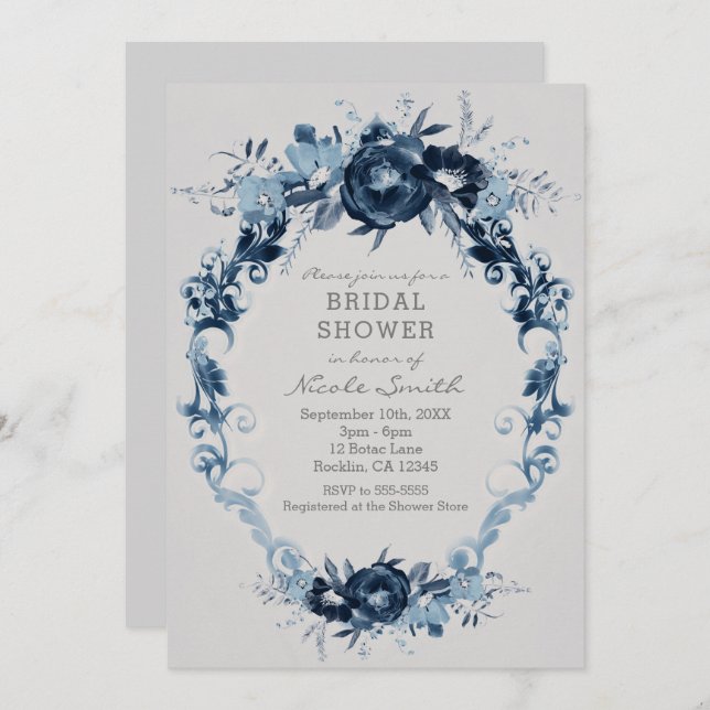 Blaue Vintage Blume Elegantes Brautparty Einladung (Vorne/Hinten)