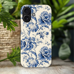 Blaue Vintage-Blumen auf Elfenbein iPhone 16 Hülle
