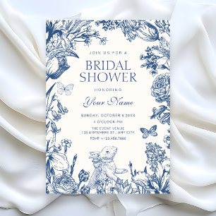 Blaue Vintage-Blumen-Botanik-Brautparty Einladung