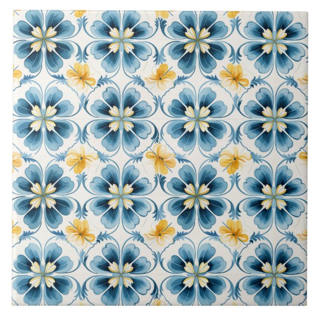 Blaue Vintage-Blumen Eleganz Fliese (Vorderseite)