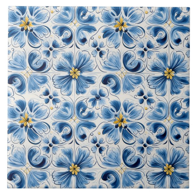 Blaue Vintage-Blumen Fliese (Vorderseite)
