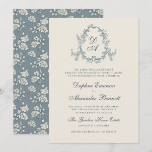 Blaue Vintage-Blumen-Hochzeit mit Monogramm Einladung